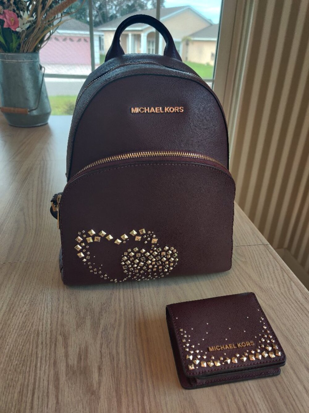 Michael Kors Abbey Backpack and Wallet Set Leather Burgundy Merlot Retail $549